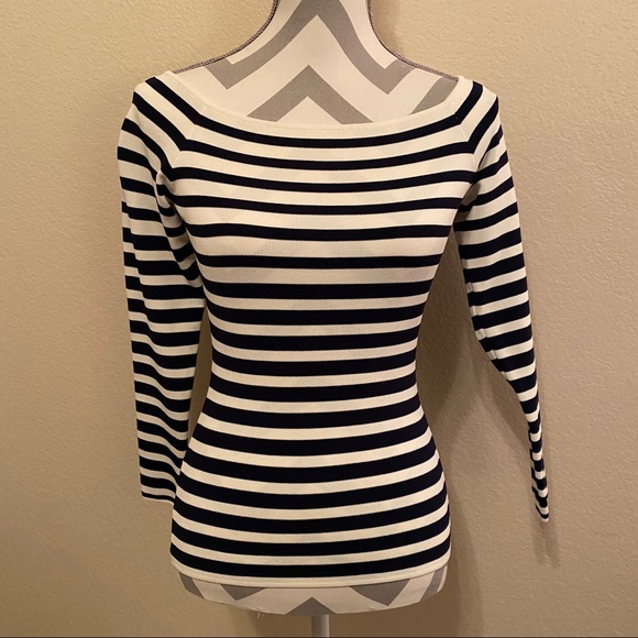 NWT H&M Navy & White Classic Striped Bardot Fitted Top Small - Picture 4 of 14